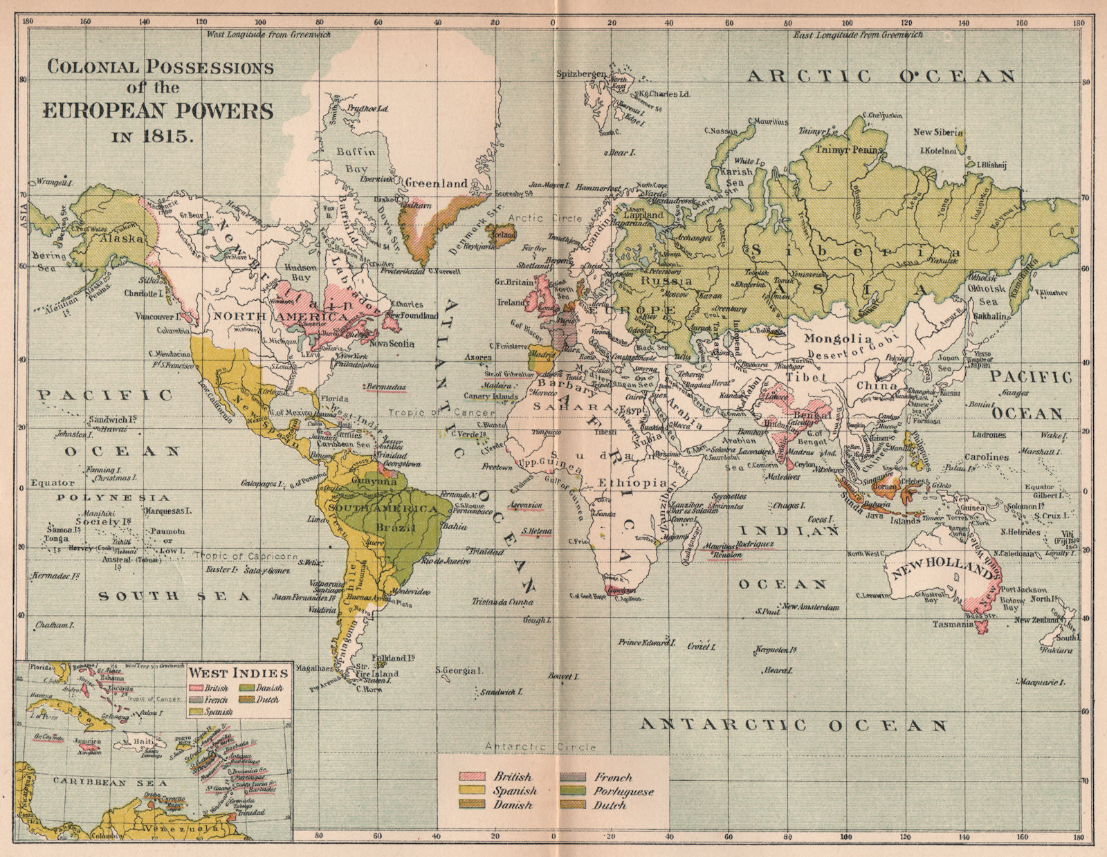 EUROPEAN POWERS' COLONIES IN 1815. British Spanish Portuguese Dutch 1910 map